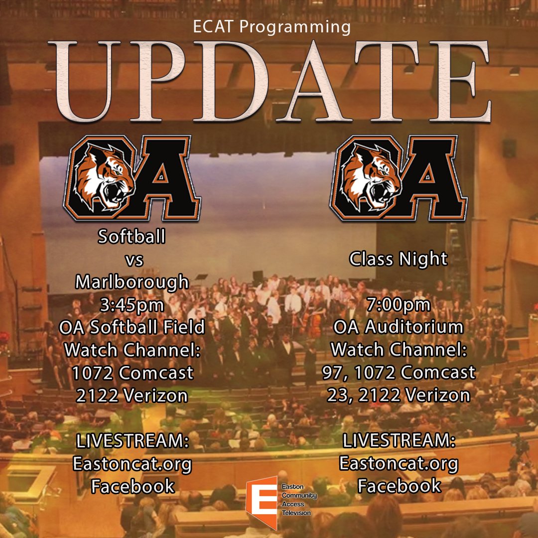 eastoncat's tweet photo. We have Softball playoff game coverage and Class Night Ceremony for you today so don't miss these end of the school year event. https://t.co/npZYpZOt2M