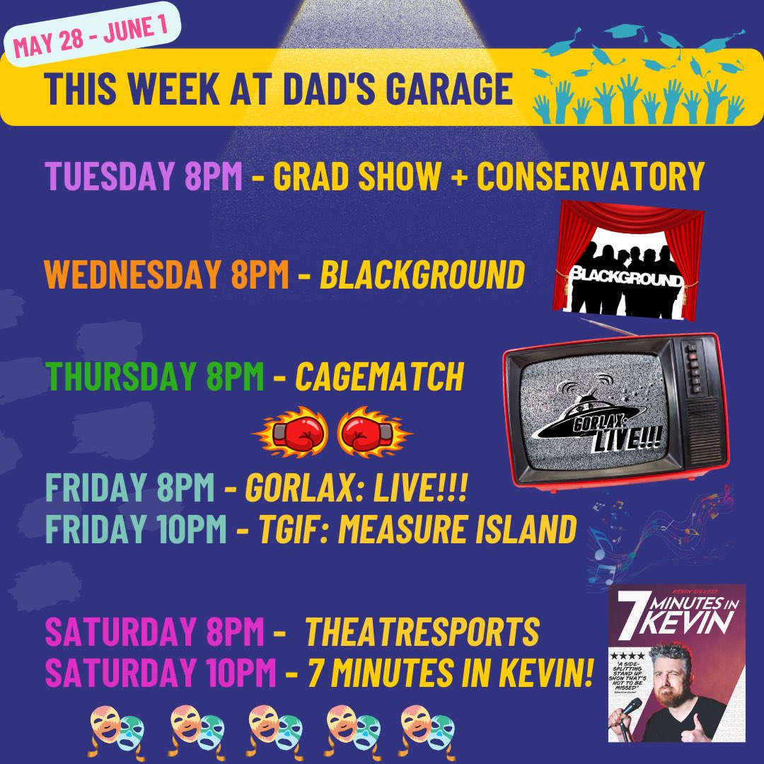 A week chock full o’ laughs! Some in this world, some out of it — heavenly, Kevinly, and beyond!

🎟: dadsgarage.com