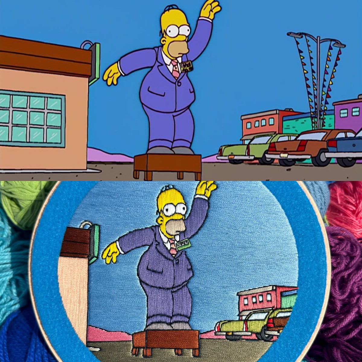 Commissions are open at my instagram, have 2 spots available so if you’re interested in a hand embroidered piece, let me know, meanwhile I’ll be making the tube man dance in my living room ‘till I get some work 
#simpsons