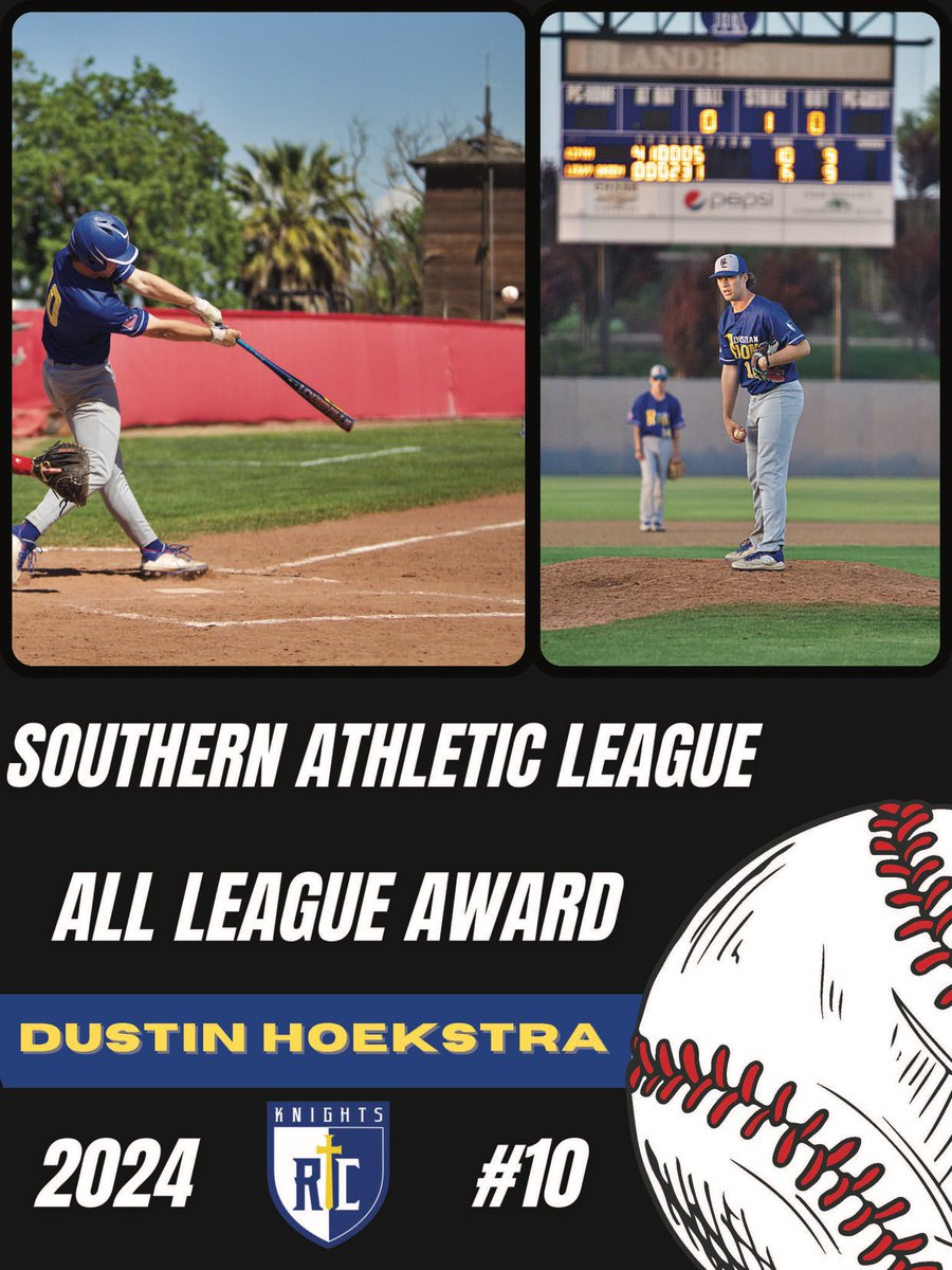 Congratulations to four-year RC varsity starter @HoekstraDustin for his third straight SAL All-League honor. Hoekstra returned to the mound in March following elbow surgery last summer. He will be continuing his baseball career at MJC in the fall. 

2.27 ERA/52.1 IP/79K