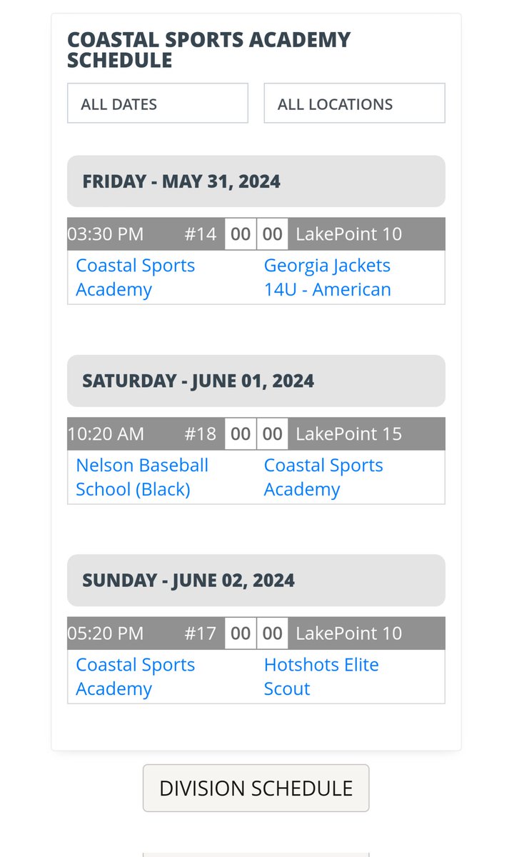 College coaches our teams will be at lake point this weekend! 17u-14u schedules listed below!