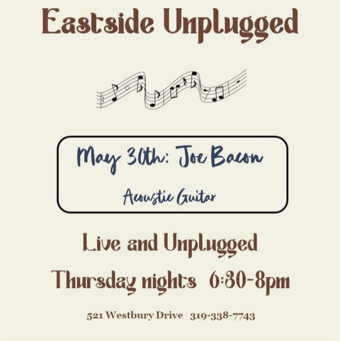 Shorts Eastside presents the debut of 'Eastside Unplugged '...live music!  Joe Bacon will be starting us off tonight, May 30th...630-8pm.  Please plan to come check it out, enjoy dinner and drinks, and support live music on the Eastside of Iowa City!
