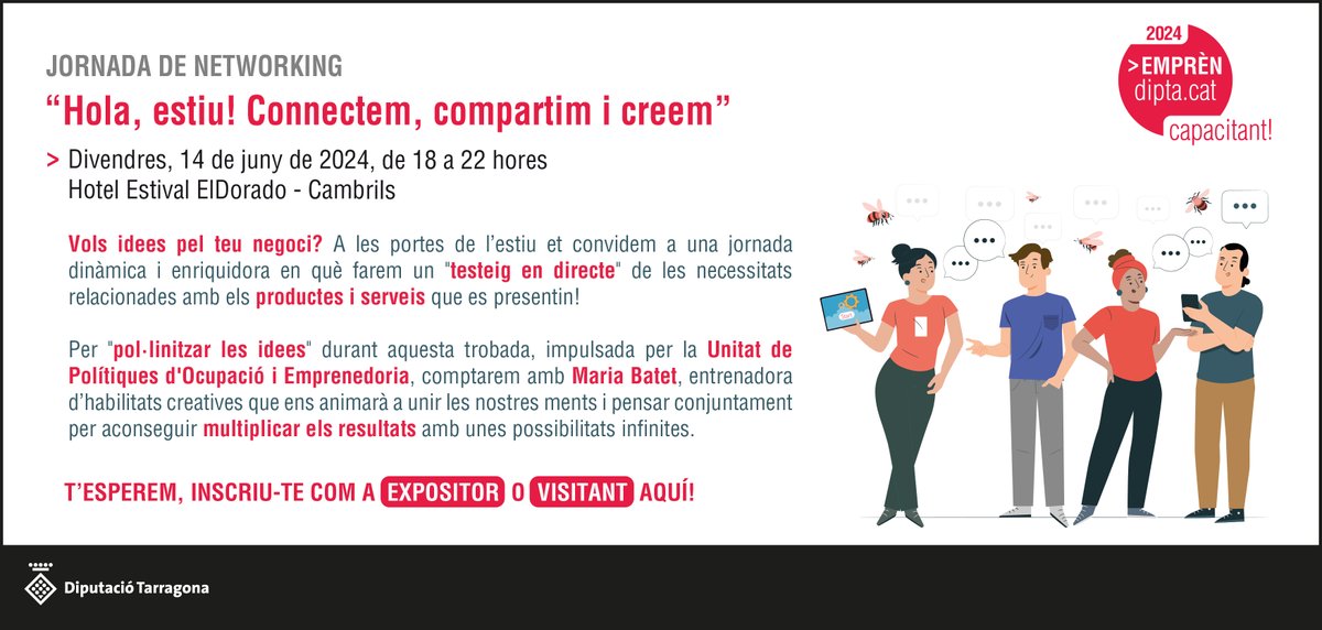 Dipta_cat's tweet photo. 💡 Vols idees pel teu negoci? 🔴Apunta't a la nova jornada de networking d'estiu d'#EmprènDipta, el proper 14 de juny a #Cambrils. La sessió està adreçada a persones emprenedores i freelancers i oberta a la ciutadania en general.
ℹ Inscripcions: https://t.co/wxTHEtKAJl #CatSud https://t.co/e5L3VPPSFQ