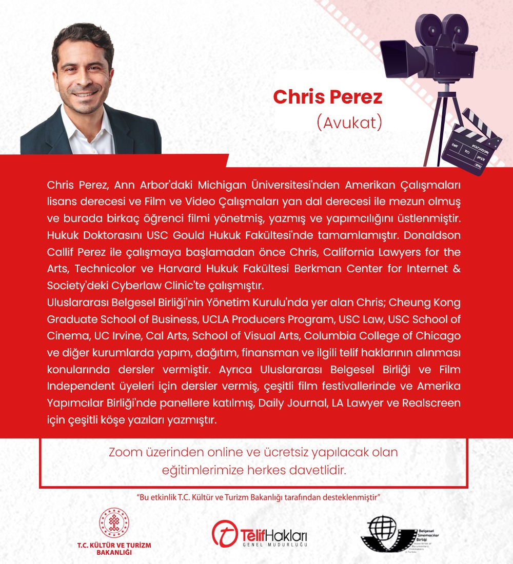 Belgesel Sinemada ‘Adil Kullanım’: ABD Örneği .  📌Konuşmacı: Chris Perez (Avukat) 📷Moderatör: Av. Murat Ocakcan 📷 <a href="/ktbtelifhaklari/">Telif Hakları Genel Müdürlüğü</a>