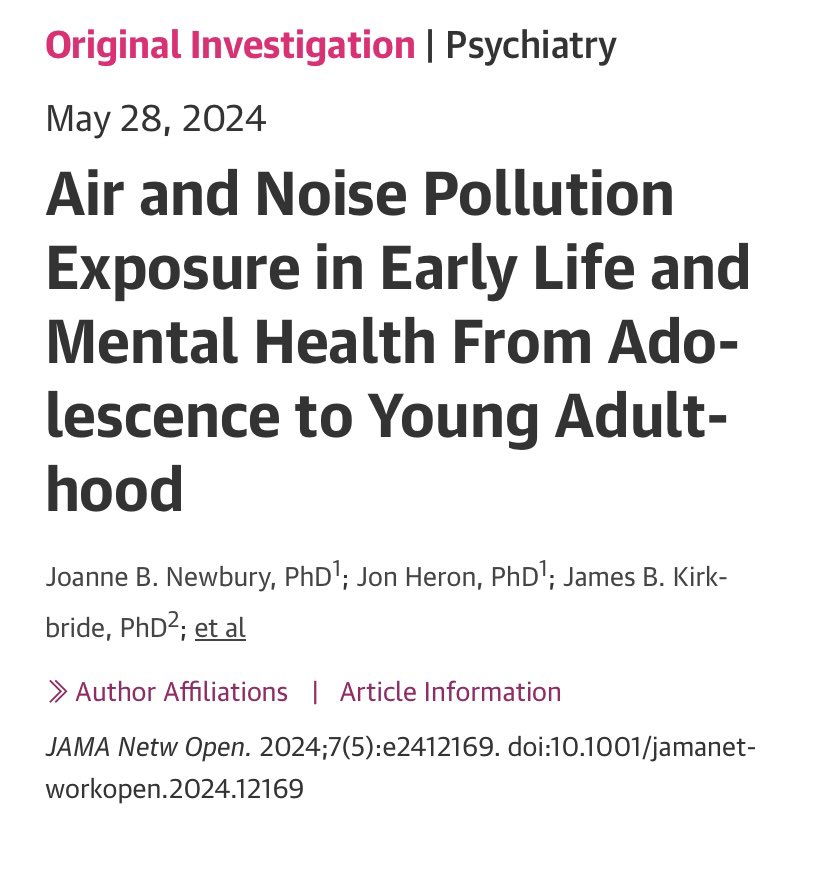 Latest study finds air pollution in pregnancy & childhood is associated with psychosis & depression. Noise pollution in childhood & adolescence is associated with increased anxiety. TLDR: Our children need clean air. jamanetwork.com/journals/jaman…