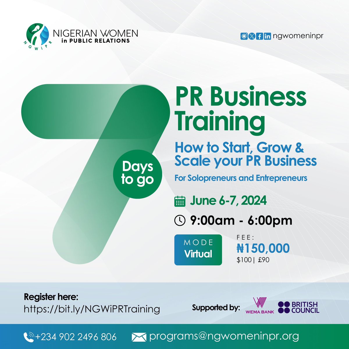 NGWomeninPR's tweet photo. Only 7 days to go! 🚀 Join our PR Business Training and transform your business into a profitable one! 🚀 it’s not too late to register https://t.co/2Sw3yjeXk3
Don't miss out on this game-changing opportunity! #NigerianWomeninPR #PRBusinessTraining #PRProfessionals https://t.co/M4PtOew17Z