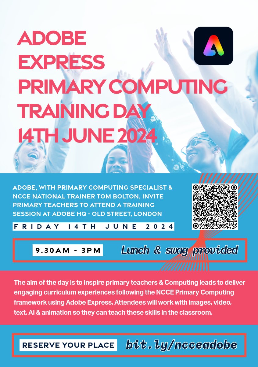 I'm running a free Primary Computing training day on Fri 14th June in London at Adobe's HQ with Sign up - bit.ly/ncceadobe Come for inspiration on engaging ways to deliver the NCCE Computing framework using @AdobeExpress Oh and free food + swag 🧑‍🍳👕 #PrimaryComputing