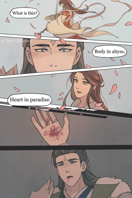 #junlianweek2024 Day 6: Heavenly Music
"Body in abyss, Heart in paradise"

Hanahaki: disease in which victim coughs up flower petals when their love isn't reciprocated 
#junlian #junwu #xielian #hanahaki 