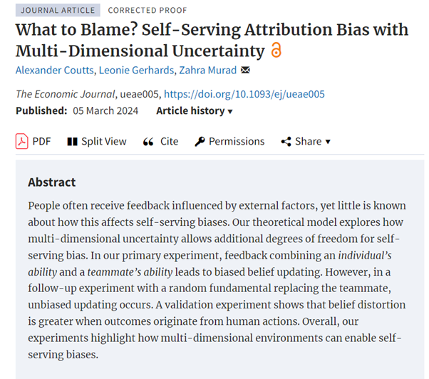 EJ_RES's tweet photo. Forthcoming in EJ: ‘What to Blame? Self-Serving Attribution Bias with Multi-Dimensional Uncertainty’ by Alexander Coutts, Leonie Gerhards, Zahra Murad https://t.co/WMHWKfKUp9 @zahramuradecon @alexcoutts @RoyalEconSoc @OUPEconomics #EconTwitter https://t.co/gRNNlpaKyG