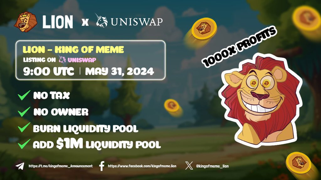 🦁 Hear ye, hear ye! Lioners, 

📣 [COUNTDOWN] Get ready! Less than 1 day left, Lion will be listed on Uniswap. 

🟢 Listing Date: May 31, 2024
🟢 Time: 09:00 UTC. Details HERE: t.me/AtheneNetwork_…

This is a crucial step that opens the door for further development and growth