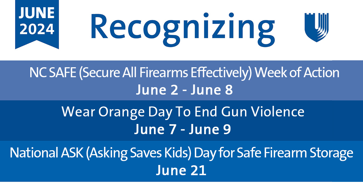 DukeHealth's tweet photo. Duke Health is recognizing several safe firearm storage and gun violence prevention initiatives during the first week of June and beyond.
@nc_safe | #GunLocks https://t.co/auOVXsVX8K