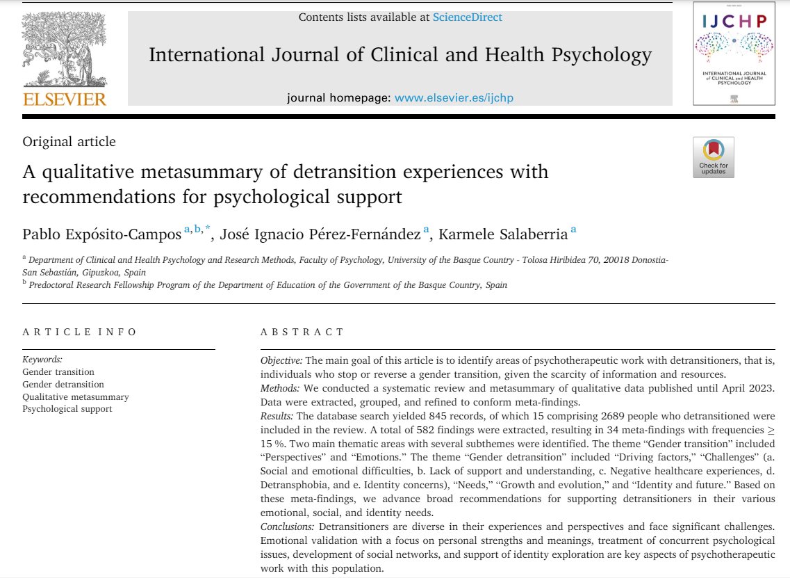 New Paper: Detransition challenges include 'lack of social & professional support, information, & resources; interpersonal difficulties, mental health issues, identity concerns, & detransphobia, characterized by stigma, loss of previous supports, & prejudices around detransition'