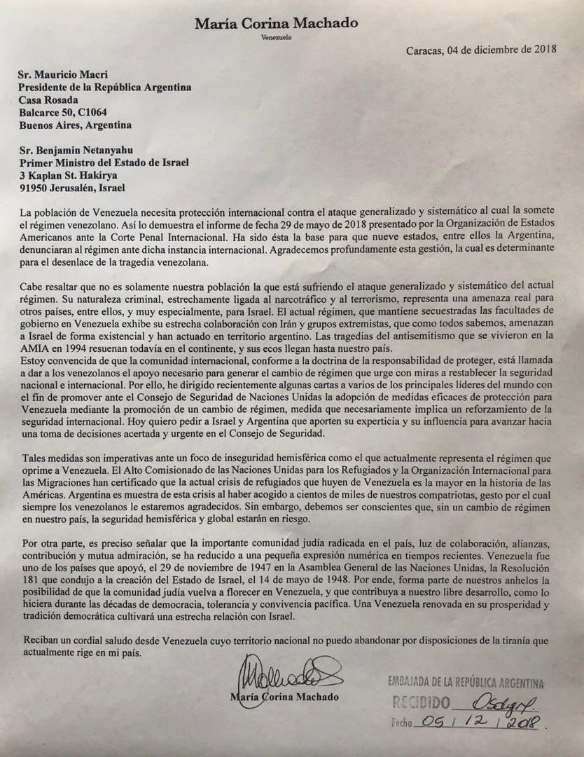 Aquí la carta despreciable que enviara MCM a Macri y al genocida de NETANYAHU para promover ante el Consejo de Seguridad la adopcion de medidas eficaces para la promoción de un cambio de régimen. Es decir, crear un mecanismo de intervención extranjera en Venezuela 🇻🇪.
