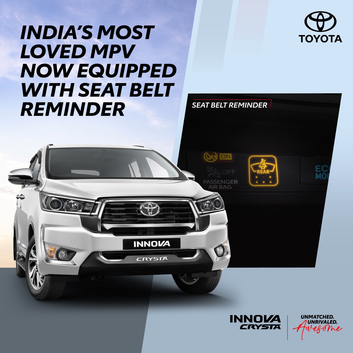 The #InnovaCrysta is India's MPV leader. With so much emphasis on safety with seat belt reminder for all seats, it's easy to see why. eBook now- bit.ly/3HyDydq #UnmatchedUnrivaled #ToyotaIndia
