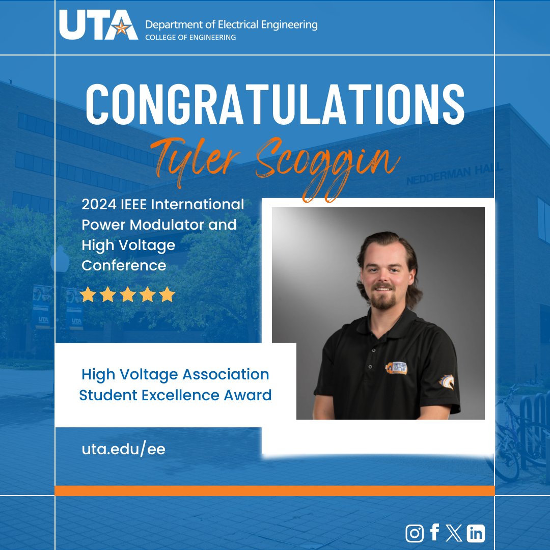 Congrats to Tyler Scoggin for clinching the High Voltage Association Student Excellence Award at the 2024 IEEE International Power Modulator and High Voltage Conference! 🎉 

Your dedication and innovation shine bright in the field of Electrical Engineering.

#MavUp #UTArlington