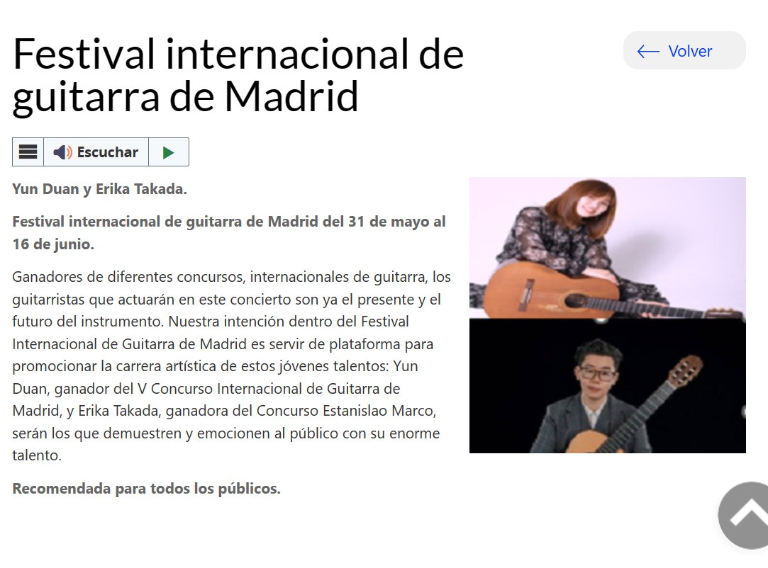 ¡No te pierdas mañana el concierto de Erika Takada, ganadora del Festival Estanislao Marco, y Yun Duan, ganador del Concurso Internacional de Guitarra de Madrid! Dos grandes talentos que ofrecerán un programa de lo más variado. A las 19:00h en el C.C. Antonio Machado de Madrid.