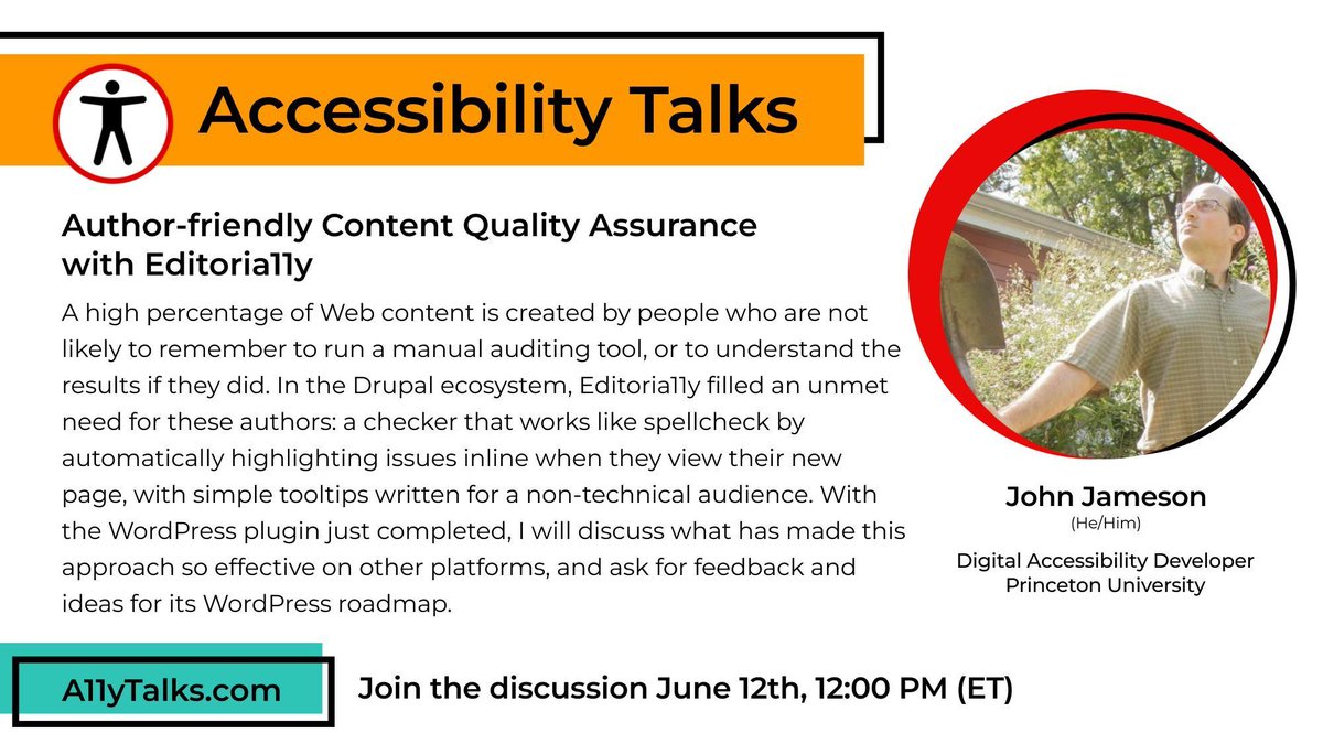 Coming in June: “Author-friendly Content Quality Assurance 
with Editoria11y” with John Jameson, Digital Accessibility Developer, Princeton University

Mark your calendars: June 12, 2024, 12pm ET
a11ytalks.com/posts/2024-jun 
#A11y #Accessibility #A11yTalks #Drupal #WordPress