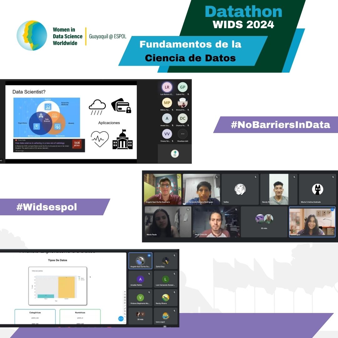 📌El 28 de mayo tuvimos el honor de presentar el primer taller virtual de WiDS Guayaquil ESPOL 2024
Exploramos acerca de los “Fundamentos de la Ciencia de Datos”, incluyendo la importancia de la ciencia de datos, ciclos de vida de proyectos y la instalación de librerías.🐢‼️