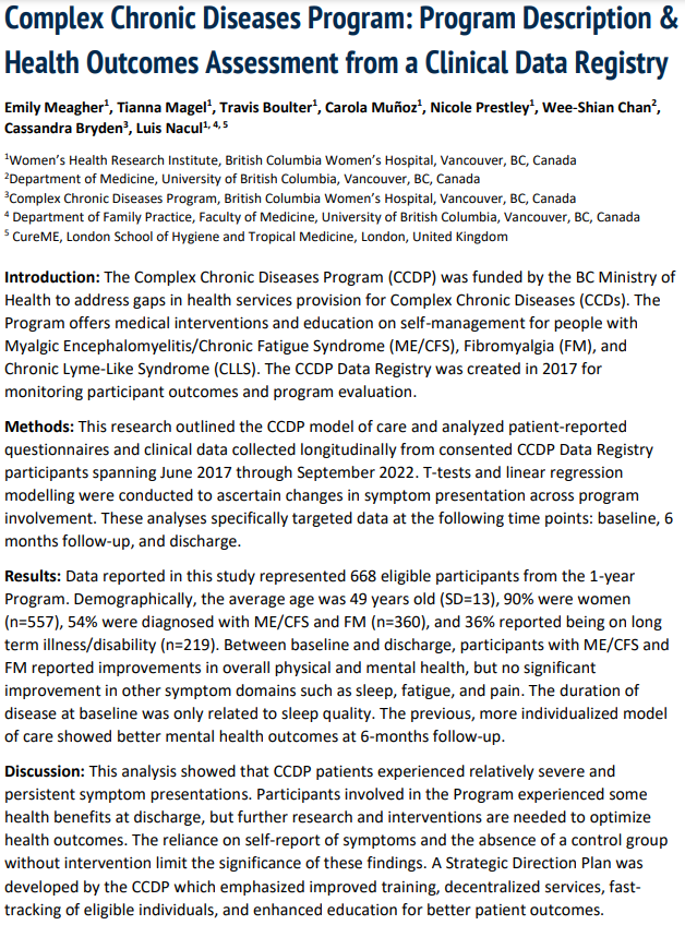 New from Canada: Complex Chronic Diseases Program: Program Description & Health Outcomes Assessment from a Clinical Data Registry Free: medrxiv.org/content/10.110… All in the analyses had ME/CFS +/or #Fibromyalgia #MyalgicEncephalomyelitis #ChronicFatigueSyndrome #MEcfs #CFS #PwME