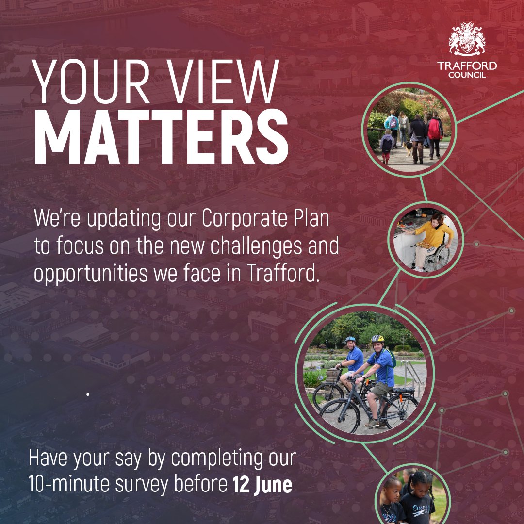 📣 We need your feedback! 

We're developing a new Corporate Plan and want to hear your views on a new strategic vision for Trafford Council.

📅 The survey closes Wednesday 12 June

👉 Have your say today: ow.ly/M1V450S1QwS