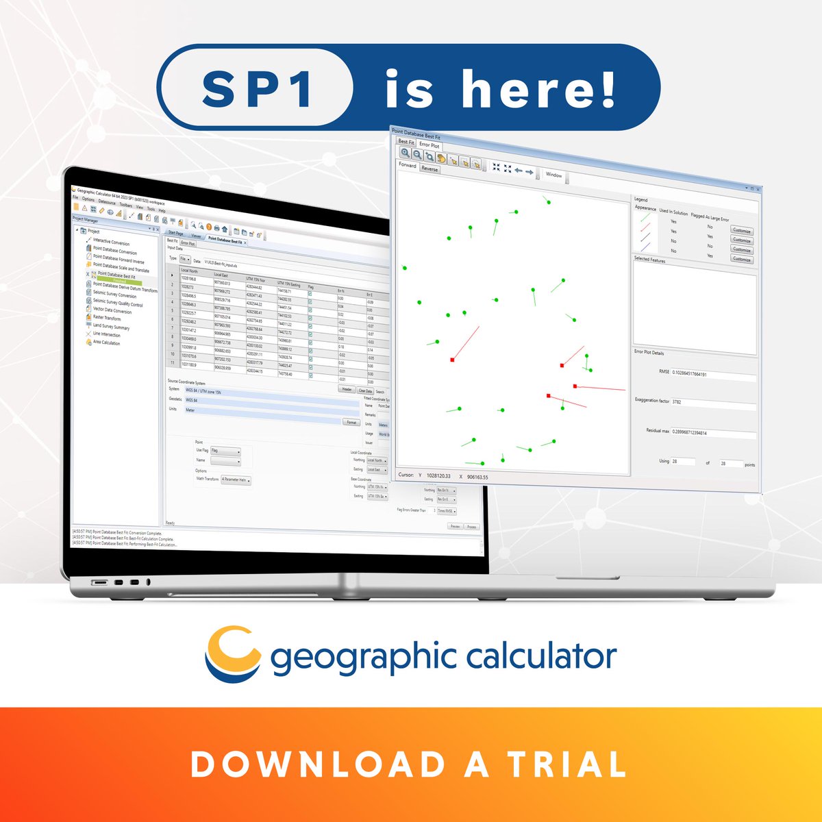 BlueMarbleGeo's tweet image. Explore Geographic Calculator, including a four-parameter Helmert Transformation method in the Best Fit job and support for new transformation methods. Take it for a test drive: ow.ly/kHuM50S1VEm
-
#GeospatialTechnology #Coordinates # #DataTransformation #MappingSoftware