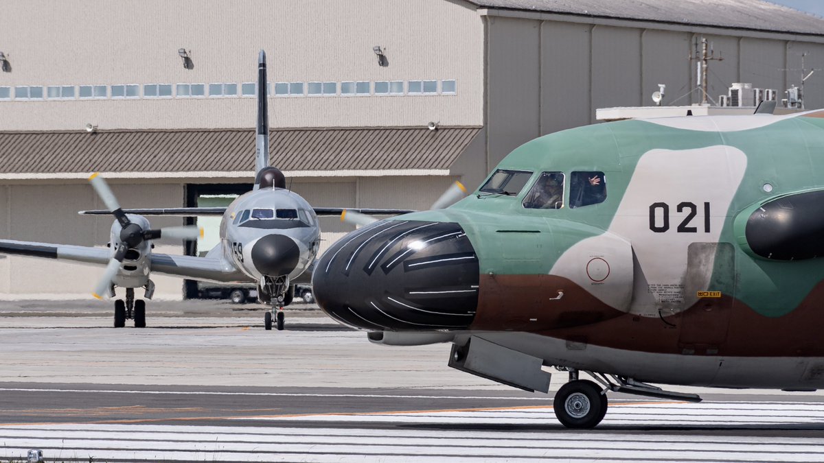 午前中の #入間基地
🐡が🐬にど突かれてるあの画像みたいな
構図のEC-1とYS-11EB