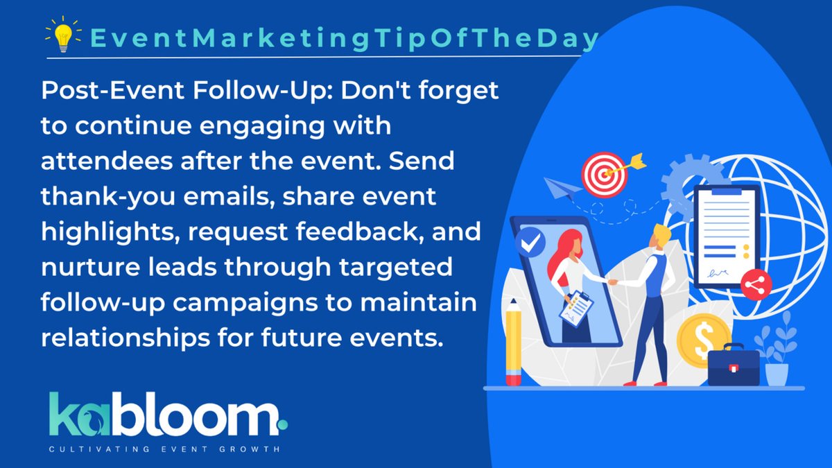 Event Marketing Tip Of The Day: #PostEventFollowUp

Our experienced digital team knows how to extend the revenue and engagement cycle of your event: tinyurl.com/22vyexh3

#EventMarketingTipOfTheDay #EventCycle #DigitalMarketingExperts #RelationshipBuilding #NurturingLeads