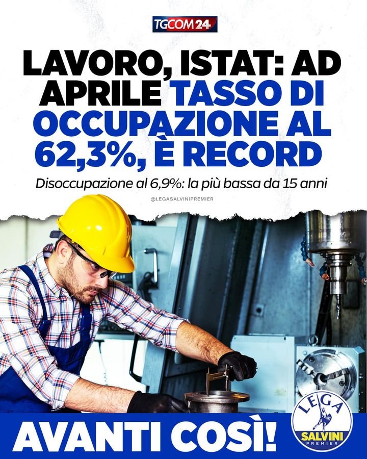 🔵 Salvini: 'Secondo i nuovi dati ISTAT +516mila occupati in un anno, +84mila rispetto al mese scorso, tasso di occupazione di aprile RECORD al 62,3%, disoccupazione in discesa al 6,9%. Smentiti i profeti di sventura e la negatività a senso unico di… facebook.com/50315025116667…