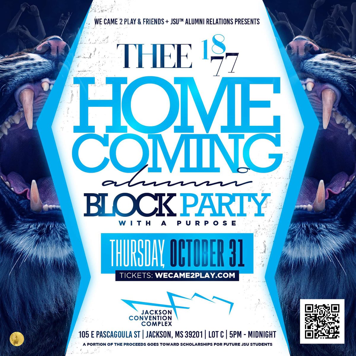 THEE BEST DAMN HOMECOMING COUNTDOWN IS ON ⏰⏰⏰

THEE 1877 Alumni Block Party 2024🔥🔥

Thursday, October 31st
📍Jackson Convention Complex
Lot C

5PM - Midnight

Tickets Available Now Here: theealumniblockparty24.eventbrite.com

#TheeILove #Give2JSU #hbcualumni