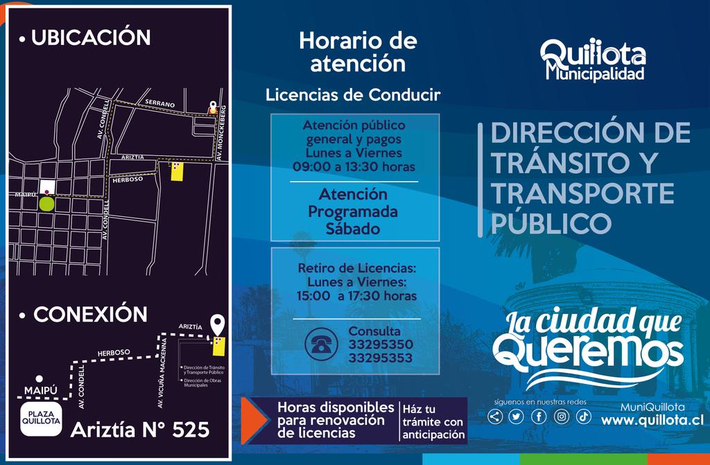 dttquillota's tweet photo. Este sábado 01 de junio tenemos atención para renovación de licencia de conducir de 9 a 12:00 hrs. Por orden de llegada y cupos limitados. En Ariztia 525 Quillota. Consultas a correo transito@quillota.cl https://t.co/qEsh3KPXzr