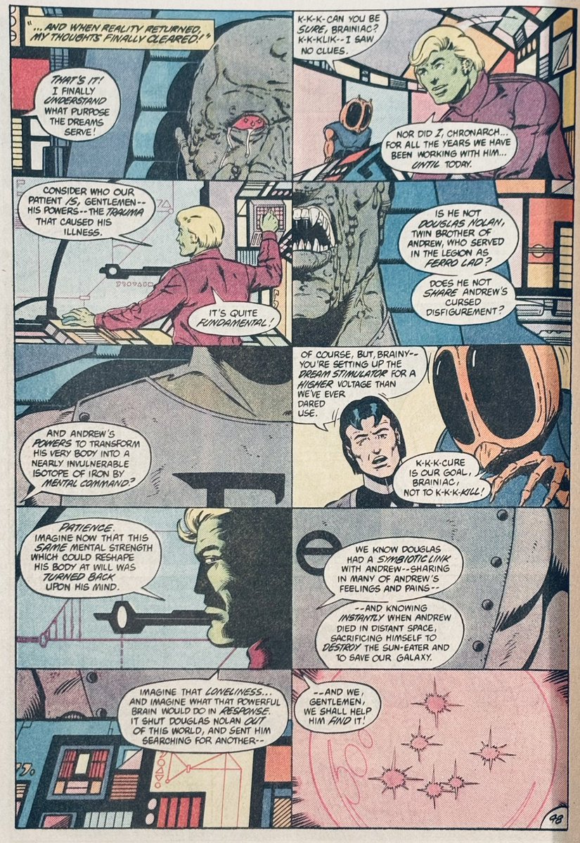 Another brilliant page layout by Giffen. Communicating the psychic pain and physical disfigurement of Douglas Nolan on the same page as we see Brainiac 5, Rond Vidar, and Circadia Senius struggling to aid him. Legion of Super-Heroes #300 (1983) #LongLiveTheLegion