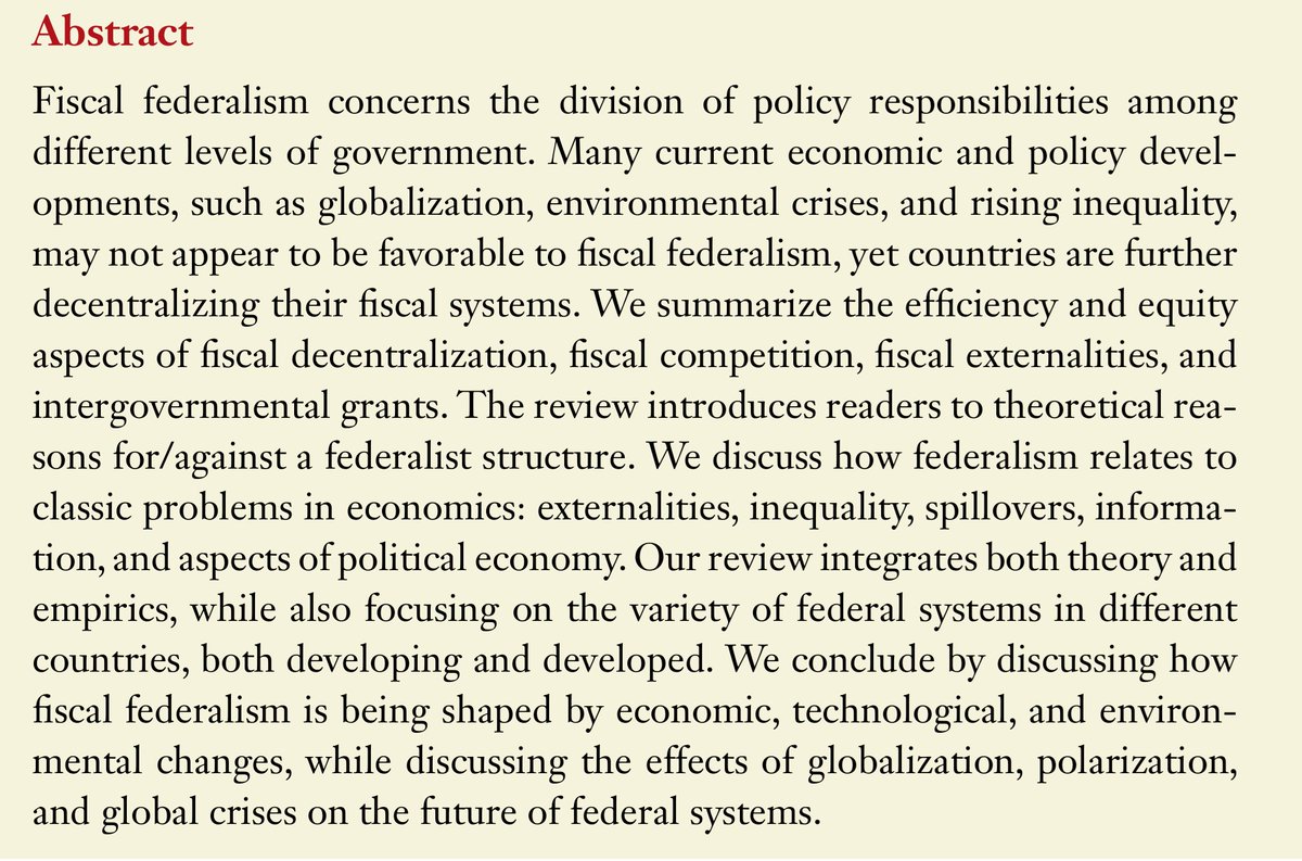 🚨Is inequality a local or a national issue? Who should oversee disaster policy? What externalities arise from multi-level governance? For answers, see 'Fiscal Federalism in the Twenty-First Century' (w/ Brueckner & @Marius_Brulhart ) forthcoming in @AnnualReviews Thread 👇