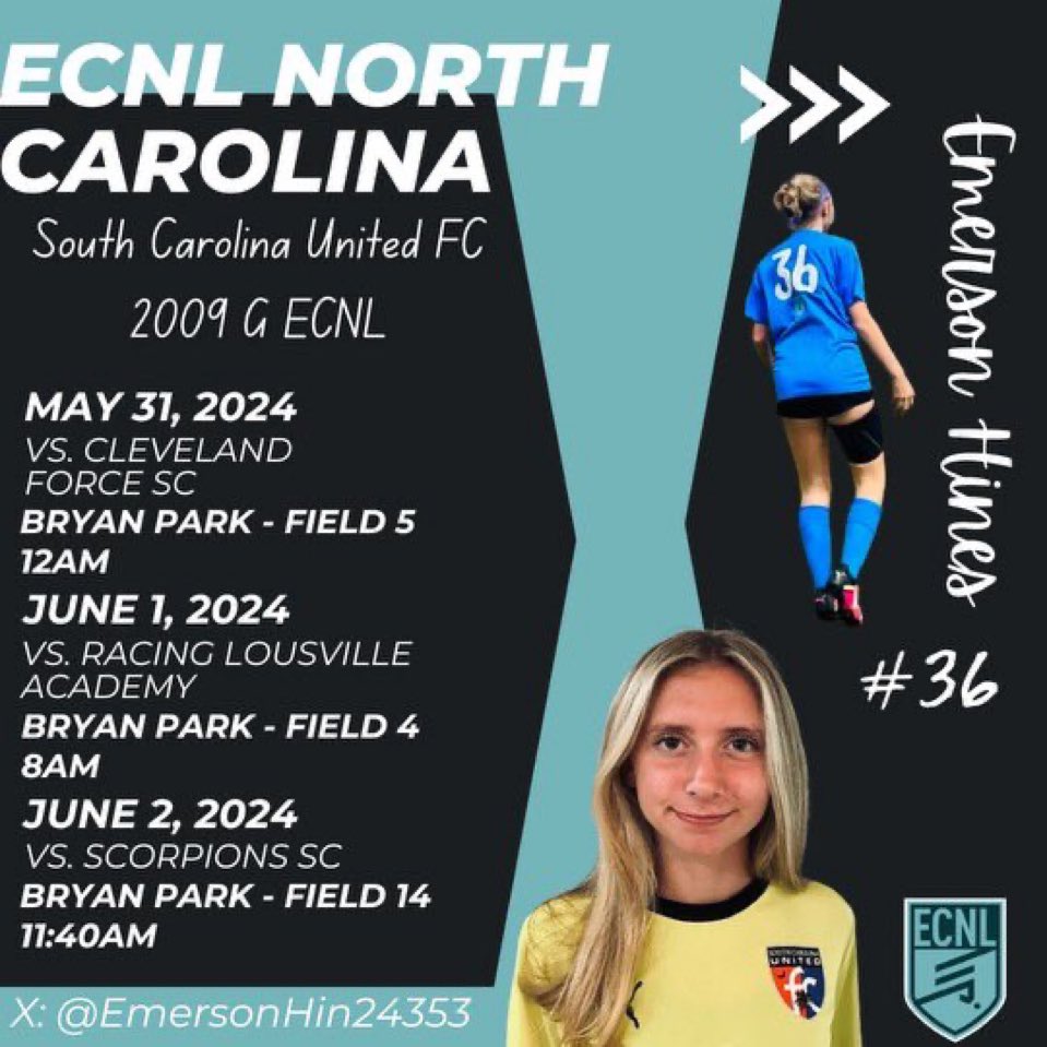 emersonhsports's tweet photo. Just 1️⃣ more day till ECNL North Carolina
@NcsaSoccer @TopDrawerSoccer @ImYouthSoccer @ECNLgirls 
Come check out some of my games⬇️⬇️⬇️ https://t.co/AM9UJwX9pN