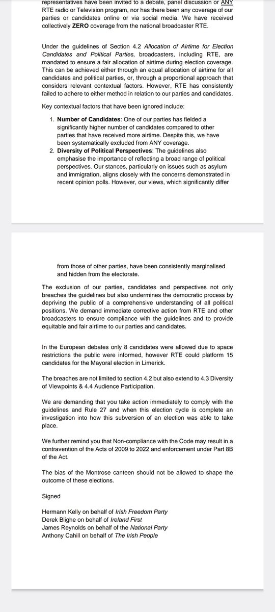 Letter of complaint and notification of potential legal action against state broadcaster Rte, for attempting to subvert the upcoming elections by their downright refusal to give coverage to nationalist candidates. #IrelandFirst