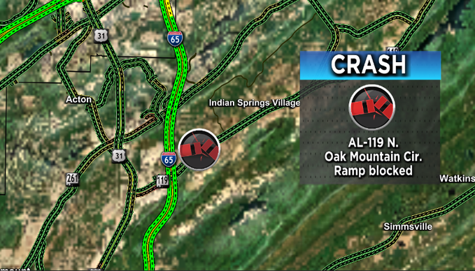 FIRST ALERT: There is an overturned vehicle on AL-119 N. at the ramp to Oak Mountain Circle. @WBRCnews #wbrctraffic