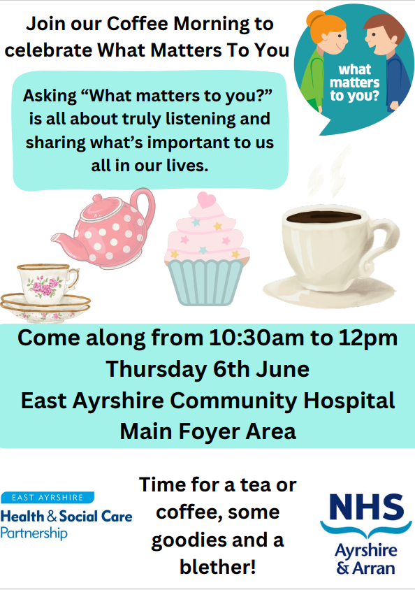 eahscp's tweet photo. This is today! π€©π
To celebrate #WMTYDay, East Ayrshire Community Hospital invites you for coffee, cake and a chat about what matters most to you. βπ°
East Ayrshire Community Hospital (Main Foyer Area), 10:30am - 12pm.
See you there! π
@WMTYScot @WM2U_ https://t.co/oF4Vzz3kRA