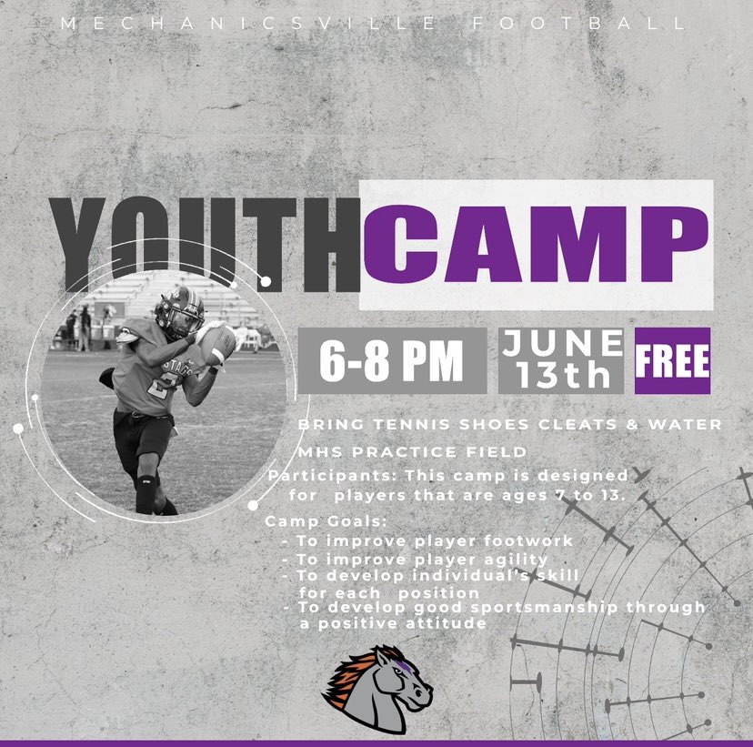 We are two weeks away from youth camp! Camp is FREE at Mechanicsville High School June 13th from 6-8pm