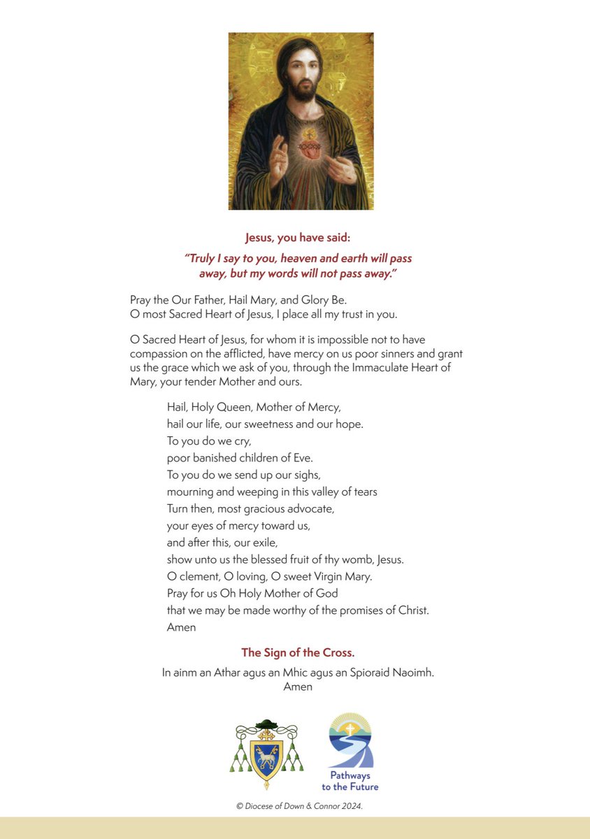Bishop of Down and Connor, Alan McGuckian, has called us all to pray a Novena to the Sacred Heart of Jesus for the renewal of our hearts.

We are asking the St. Benedict’s community to join our students in prayer each day until 7 June 2024. 🙏🏼 
Please see the Novena prayer below