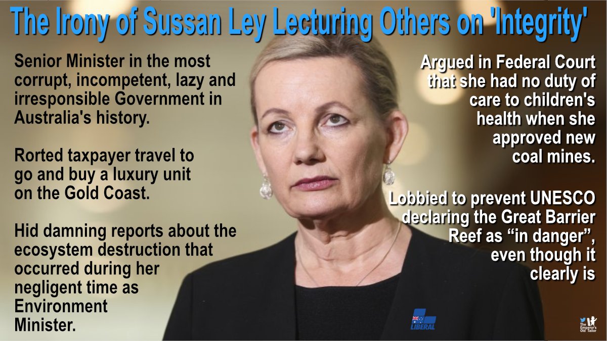 @sussanley Given you were never held to account for the environmental disasters that occurred while you were Minister for the Environment - during time you hid damning reports from the public - you're not in a strong position to call for others' accountability, Sussan Ley.  #auspol