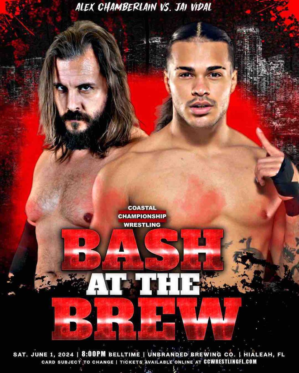 THIS SATURDAY! TNA star Jai Vidal (@TheJaiVidal) returns to Hialeah to take on Alex Chamberlain (@Chamberlain_MC) at BASH 41! A true contrast of styles in this matchup. We’re looking forward to it! Get tickets now! coastalchampionshipwrestlingfl.com/events-1/bash-…