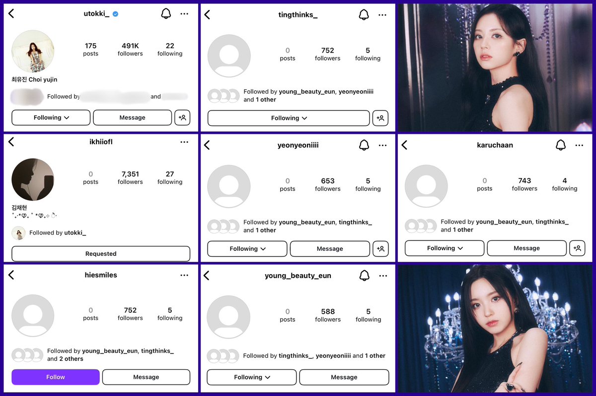 yujin: acc found active for unfollowing ppl
xiaoting: acc was made in oct 2023
chaehyun: yujin follows the acc
dayeon: acc was made in july 2023
hikaru: acc was made in may 2024
hiyyih: acc was made mar 2024
youngeun: acc was made in jan 2024

the 5 accs were all active today