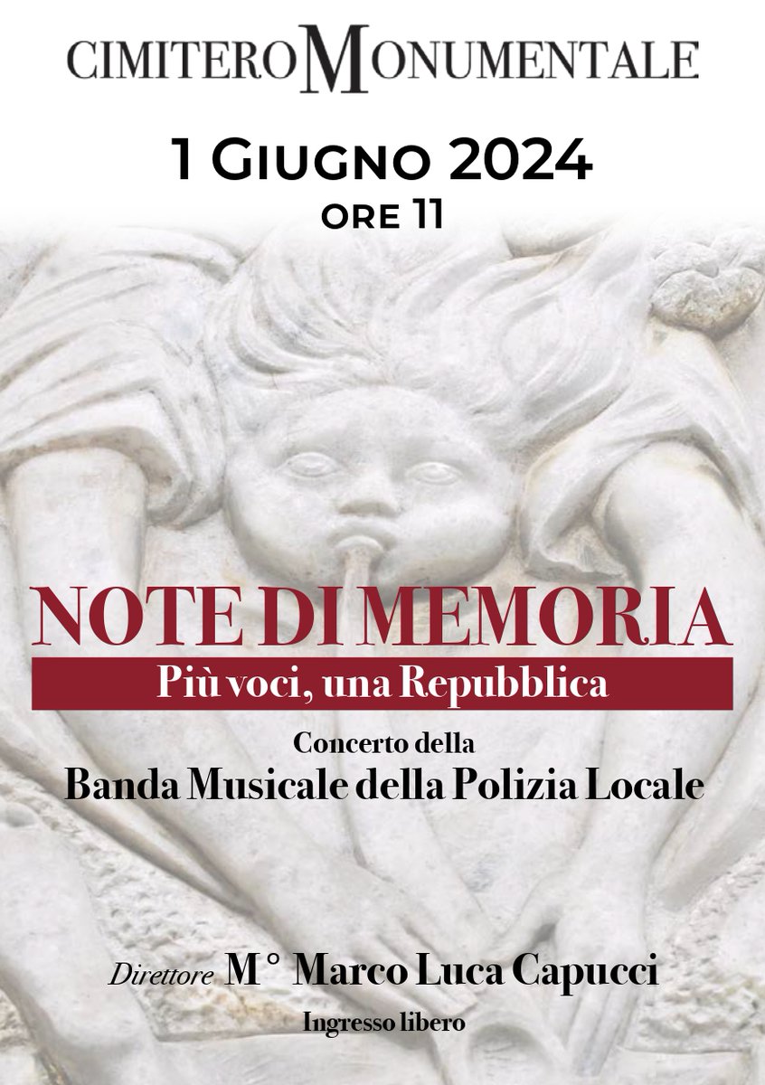 🎺Sabato 1° giugno, alle ore 11, nella splendida cornice del cimitero Monumentale, la Banda della Polizia Locale si esibirà in 'Note di Memoria. Più voci, una Repubblica' 🎶 📍L'ingresso è libero 👉tinyurl.com/ex4cb5xd #FestadellaRepubblica #Milano