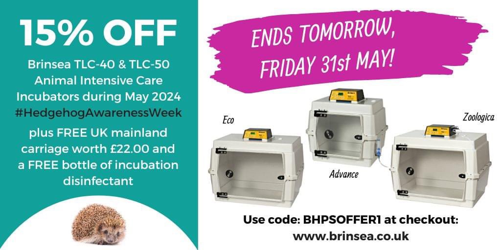 Last chance to buy a Brinsea TLC Intensive Care Unit at our special offer price! Offer ends at 23.59 on Friday 31st May 2024. 
<a href="/BritishHedgehog/">BritishHedgehog</a> 
Shop here: brinsea.co.uk/small-animal-c…