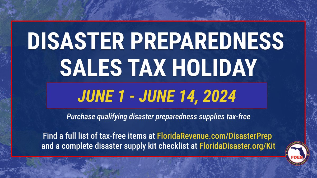 Florida's Disaster Preparedness Sales Tax Holiday begins this Saturday, June 1, and will continue until June 14. Be sure to take advantage and get prepared for this year's hurricane season.