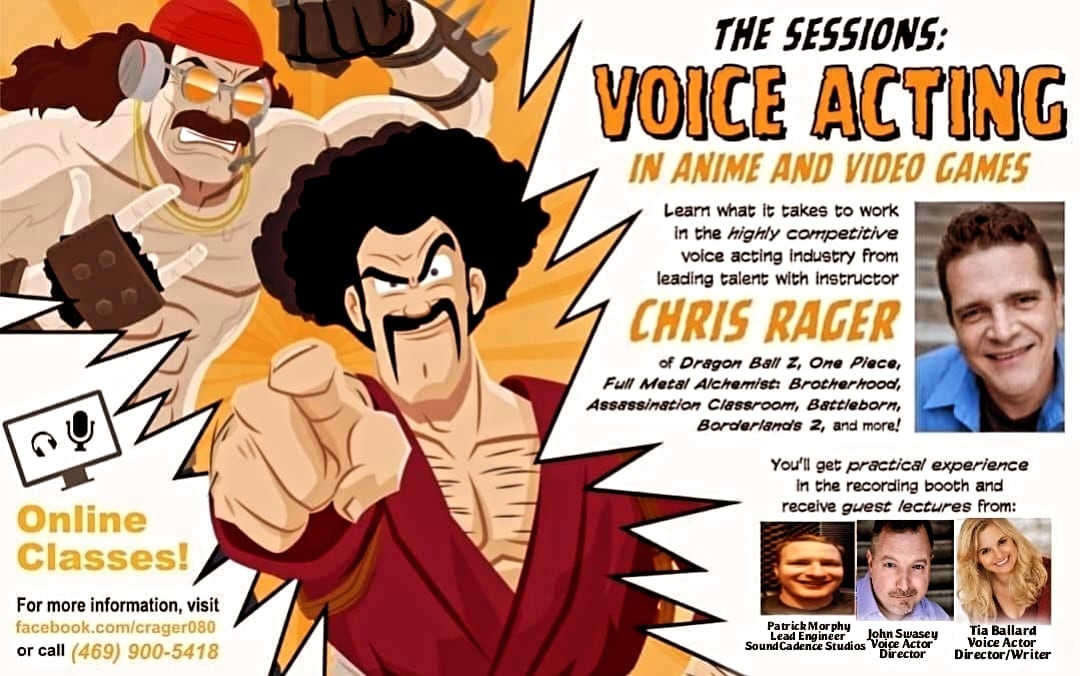 Still spots left! Experience the thrill of voice acting with The Sessions! Learn from industry vets John Swasey and Tia Ballard in a comprehensive workshop on working in Anime &amp; Video Games!  All from the comfort of your home!! Secure your spot! Dates: Jun 25&amp;27. # on the Flyer!!