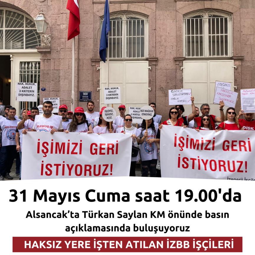 İzmir Büyükşehir Belediyesi #izdoğa  ve #izenerji şirketlerinden atılan işçiler olarak 10. günümüzde yapacağımız basın açıklamasına tüm izmir halkını ve emek dostlarını yanımızda görmek istiyoruz...
#izbbişimizigeriver
<a href="/drcemiltugay/">Dr. Cemil Tugay</a>
<a href="/eczozgurozel/">Özgür Özel</a>
<a href="/aslanogluchp/">Şenol Aslanoğlu</a>
<a href="/herkesicinCHP__/">Cumhuriyet Halk Partisi</a>