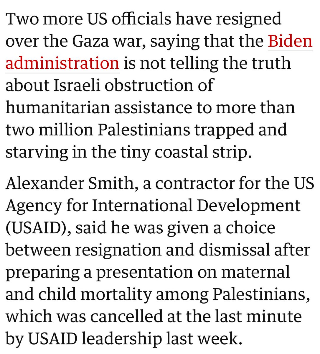 Two more US officials resign over Biden administration’s position on Gaza. The officials accuse the administration of not telling the truth about Israel’s obstruction of aid to Palestinians in Gaza theguardian.com/us-news/articl…
