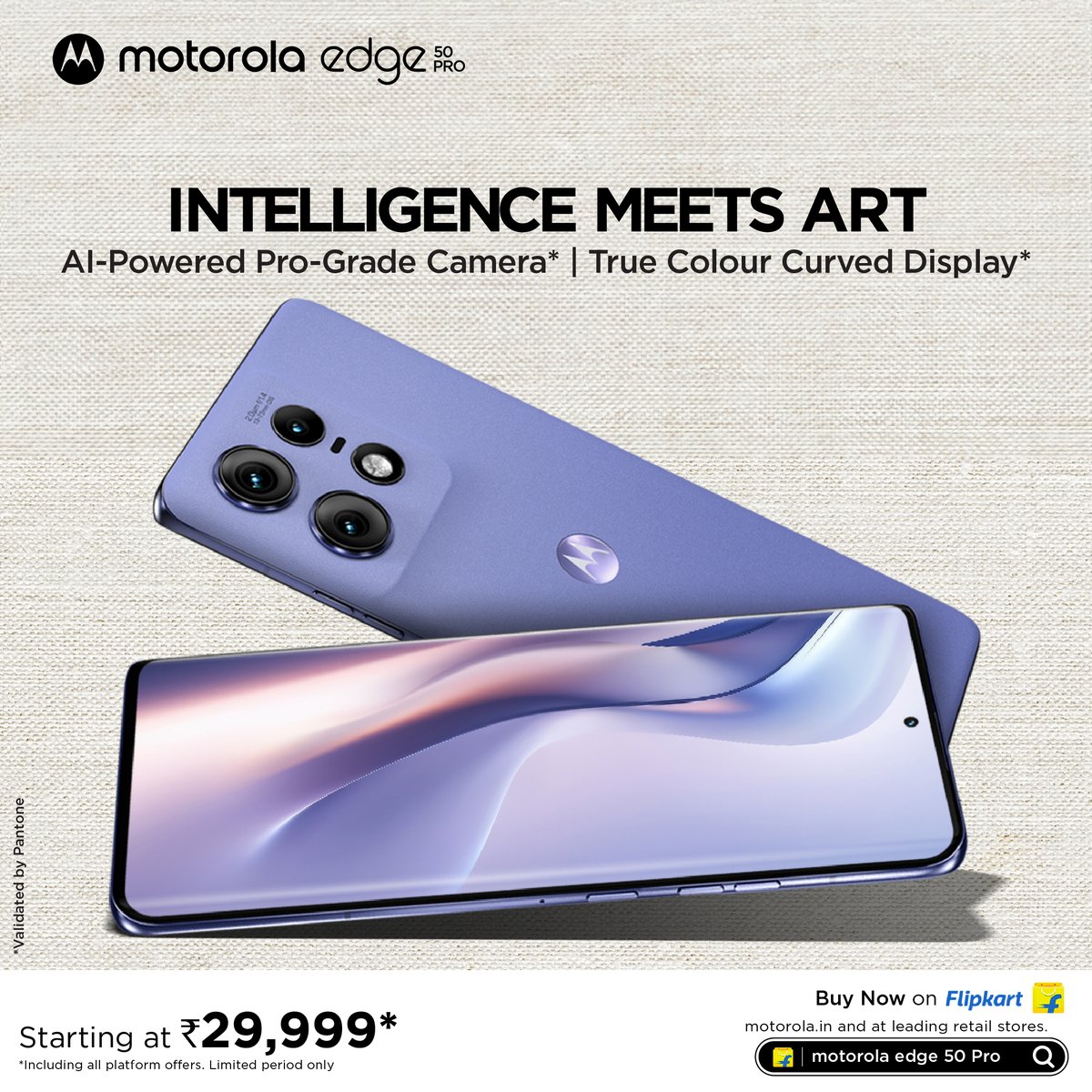 motorolaindia's tweet photo. #MotorolaEdge50Pro has  World’s 1st AI-Powered Pro-Grade Camera phone with, 1.5K 144 Hz True Colours Curved Display.
Starting at 29,999*, buy now @Flipkart, https://t.co/azcEfy1Wlo and all leading retail stores.
#IntelligenceMeetsArt https://t.co/NkeDn2TfFG