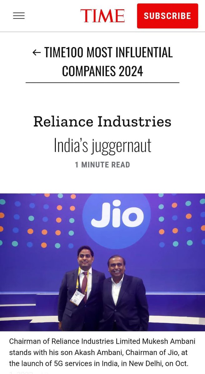 Reliance Industries recognized as one of World’s Most Influential Companies by TIME

#TIME100Companies 
#RelianceIndustries 

@RIL_Updates