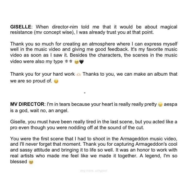 Armageddon MV director, Yoon Rima, shared the DM that Giselle sent to her, thanking about the hard work and the MV quality. 'Thank you so much for creating an atmosphere where I can express myself well.' 'I'm in tears because your heart is really really pretty 🥲'
